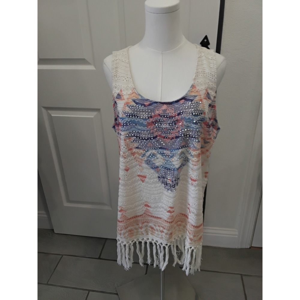 Vocal Womens Lace Rhinestone Southwestern Fringe Tank Top White Blue Coral L‎